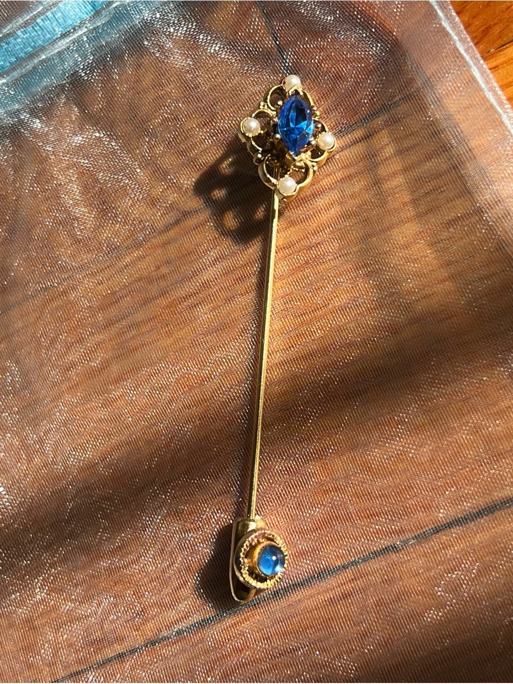 Vintage Gold Stick Pin with Blue Crystal and Pearl Accents